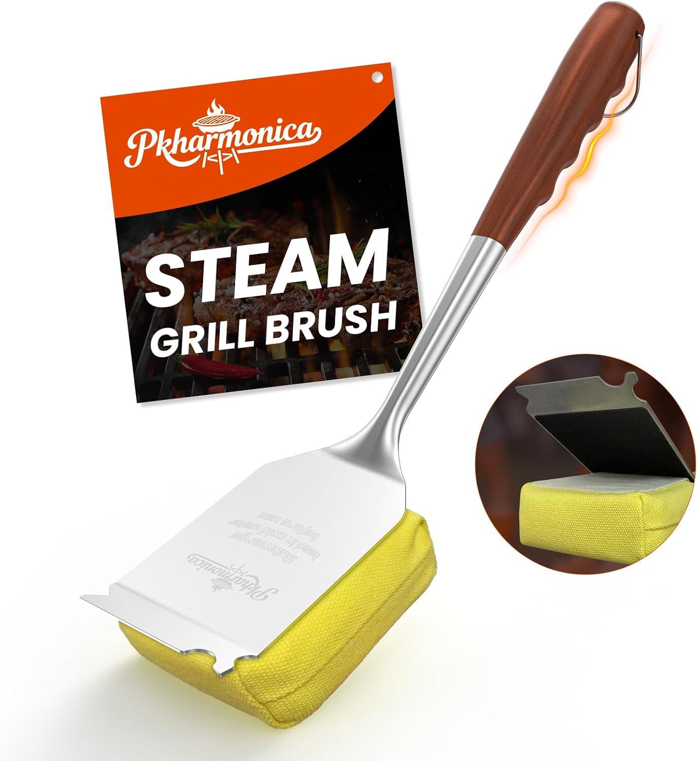 Grill Brush Bristle Free w/Replaceable Yellow Head, Enamel Safe, 17" Long Handle Grill Cleaner for Outdoor BBQ & Griddle