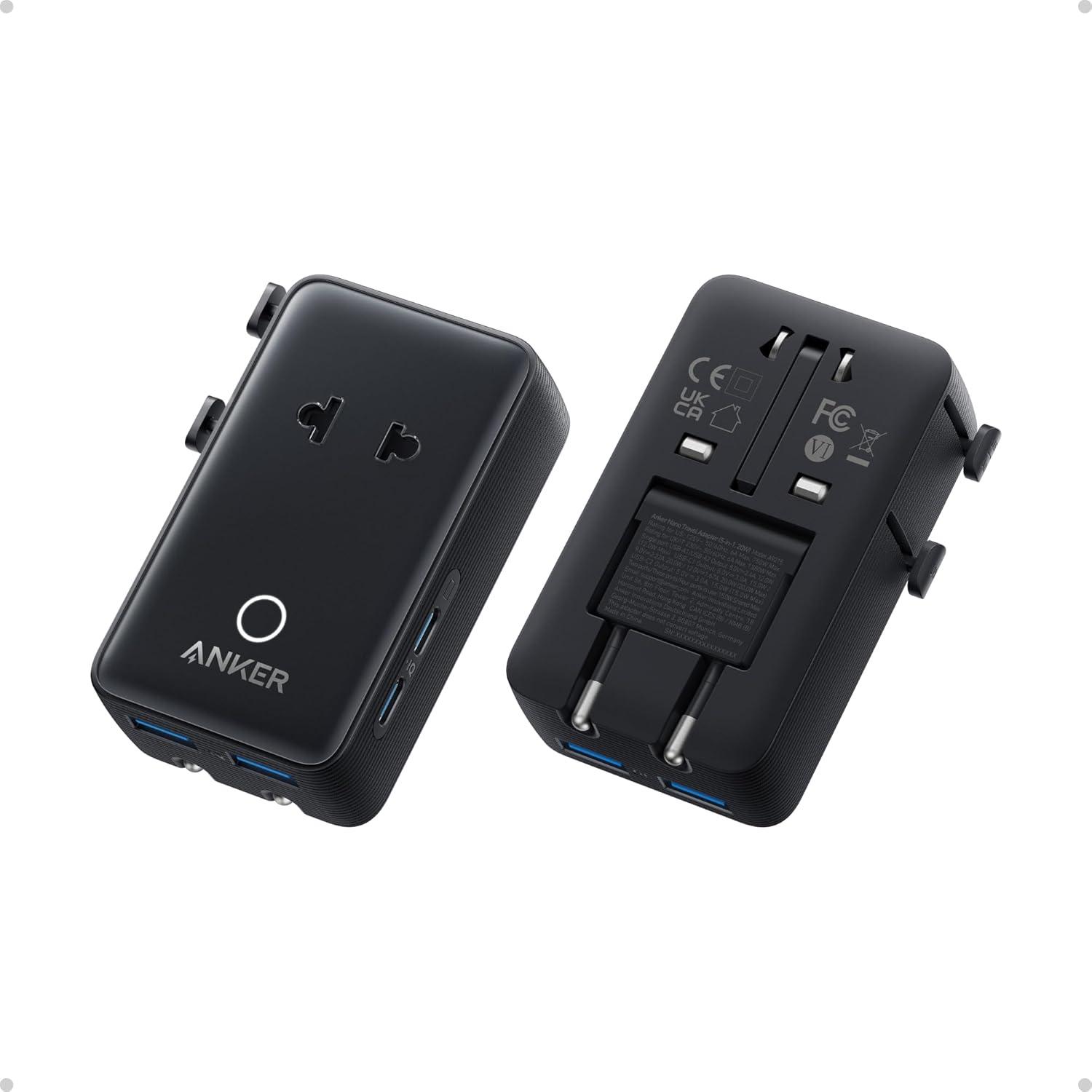 Anker Nano Travel Adapter, 5-Port Power Adapter with 1× 2-Pin AC, 2 USB A, 2 USB C for 20W