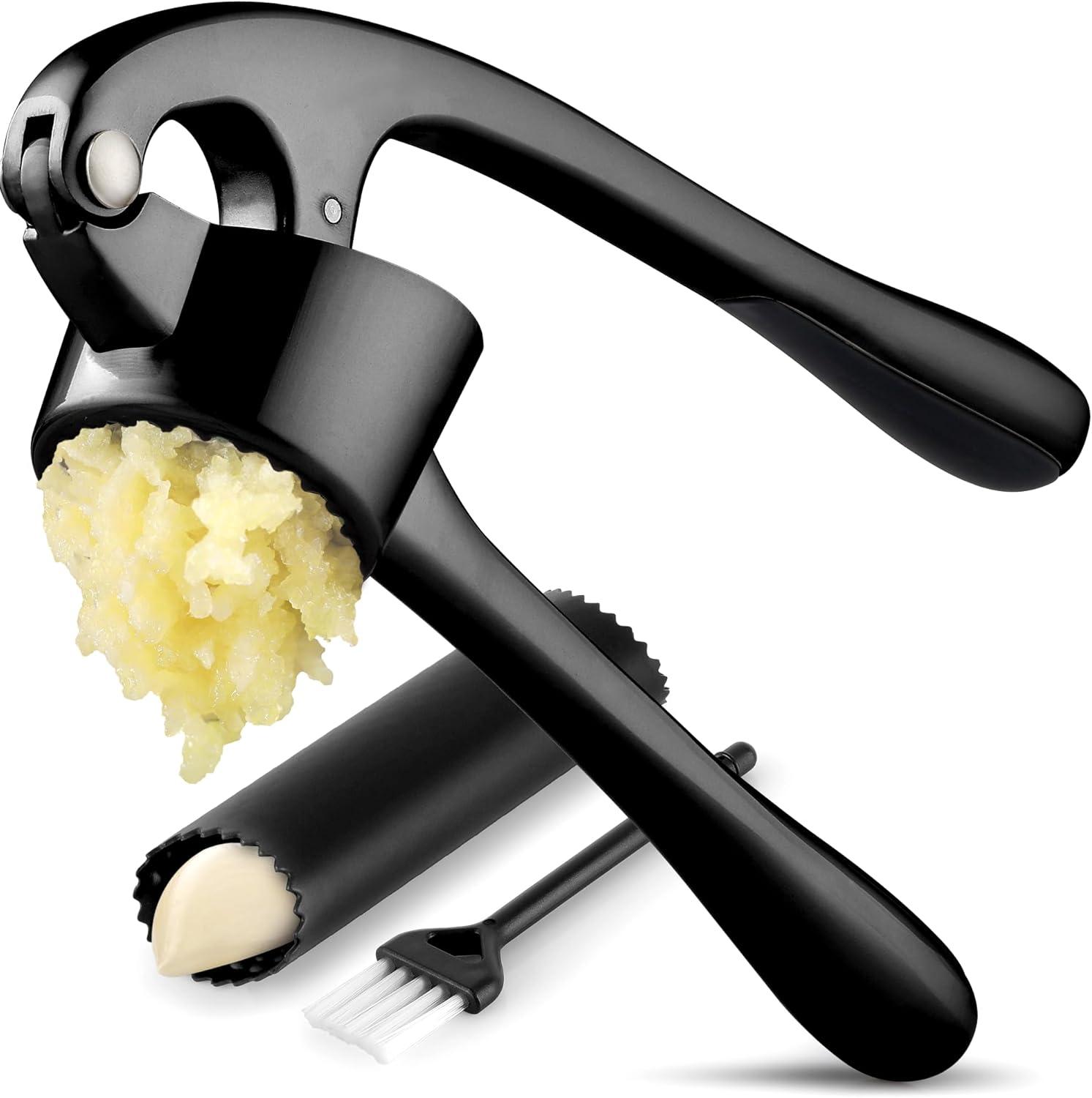 Zulay Kitchen Large Premium Garlic Press Set - Bigger Bowl for Bigger Garlic - Rust Proof Garlic Mincer Tool - Easy-Squeeze, Easy-Clean Silicone