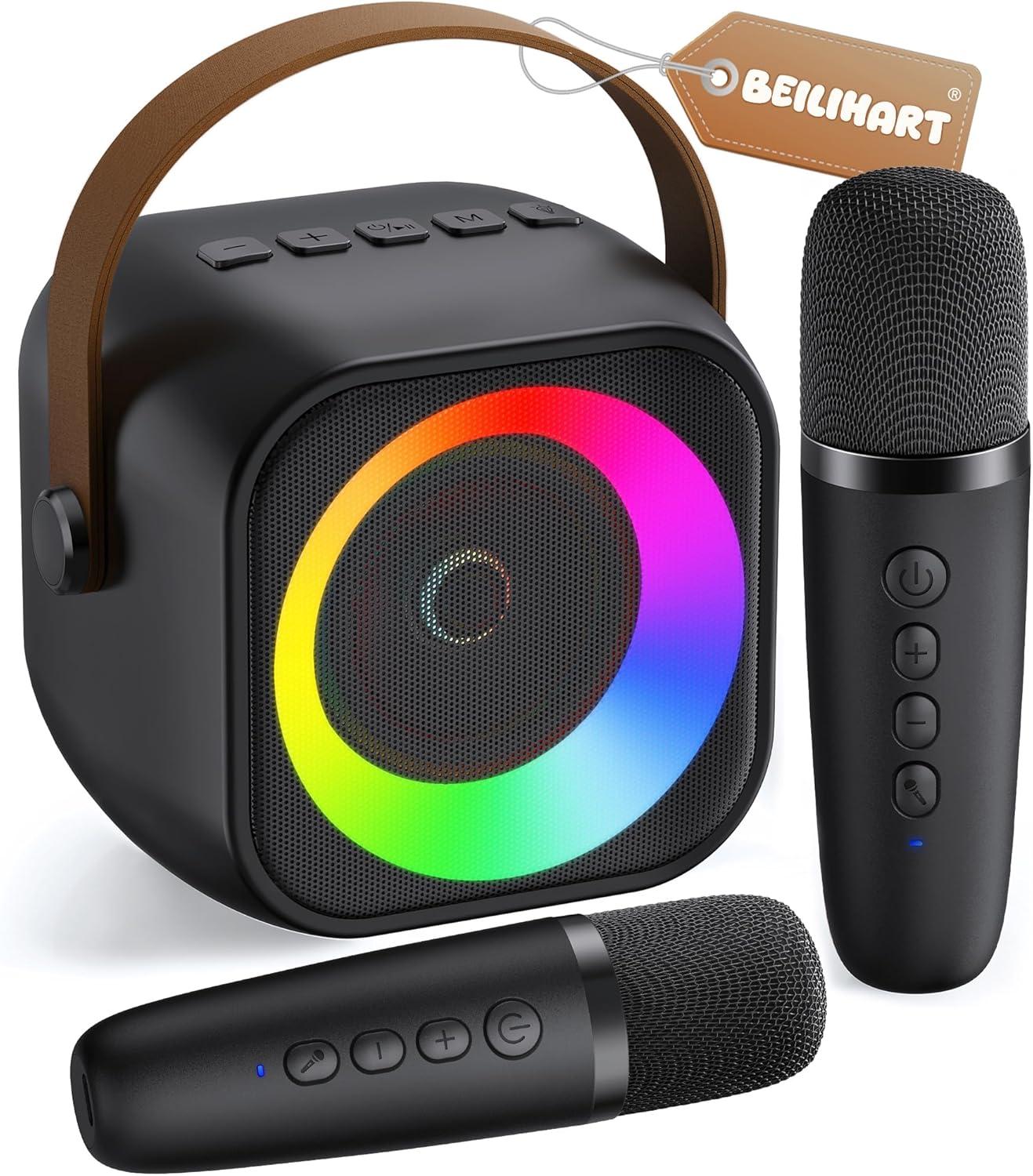 Mini Karaoke Machine, Portable Bluetooth Karaoke Speaker with 2 Wireless Microphones